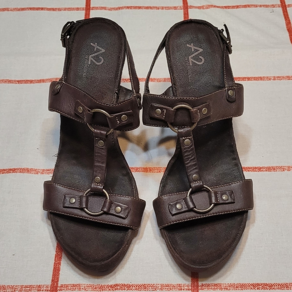 Aerosoles A2 strappy Vintage wedge sandals size 8.5 brown